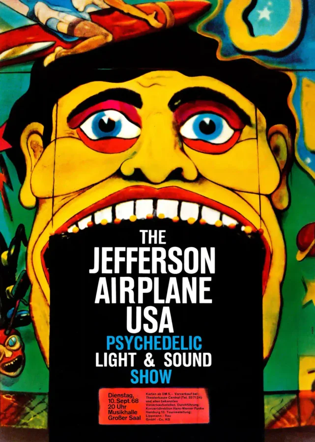 Jefferson Airplane 1968 Hamburg, Germany Gunther Kieser Concert Poster featuring black, yellow, and white vertical artwork.