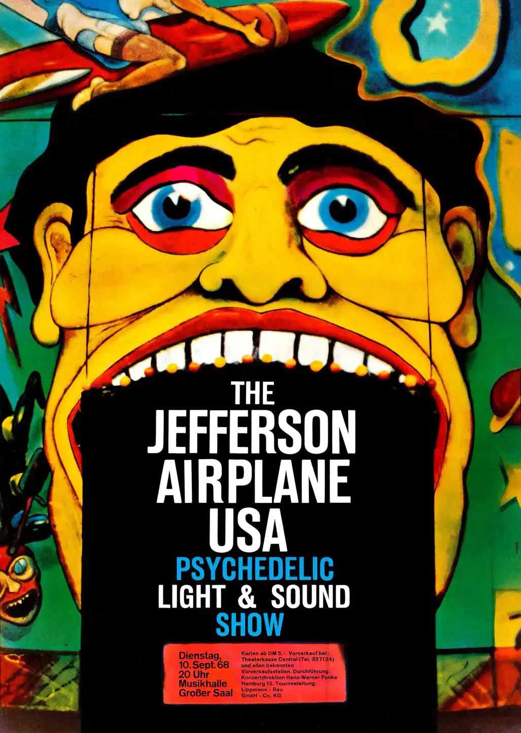 Jefferson Airplane 1968 Hamburg, Germany Gunther Kieser Concert Poster featuring black, yellow, and white vertical artwork.