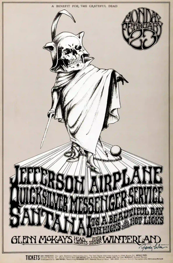 Jefferson Airplane 1970 Grateful Dead Benefit Concert Poster featuring rose, white, and slate gray vertical artwork.