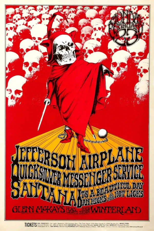 Jefferson Airplane "a Benefit for the Grateful Dead" Concert Poster featuring red, white, and cream vertical artwork.