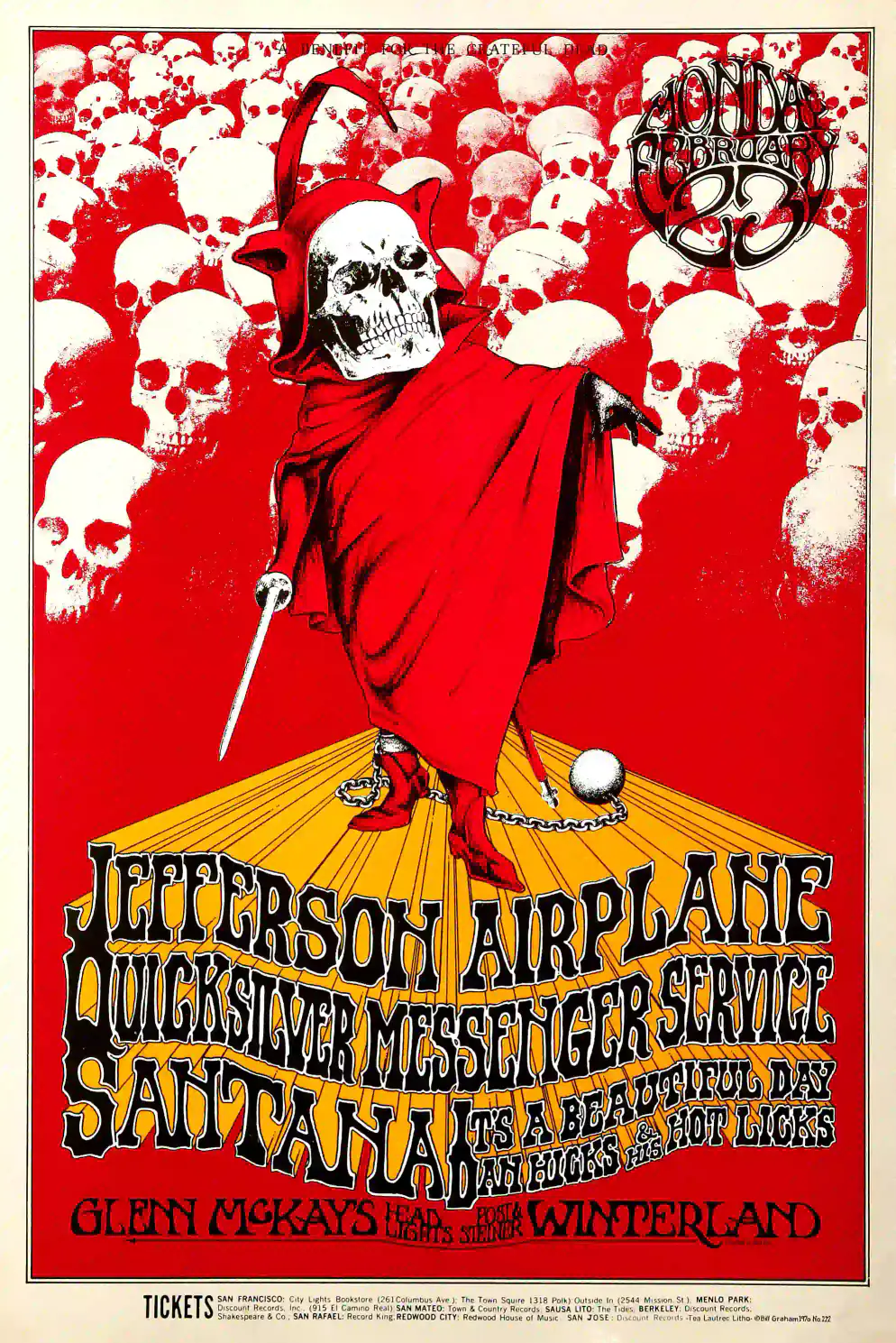 Jefferson Airplane "a Benefit for the Grateful Dead" Concert Poster featuring red, white, and cream vertical artwork.