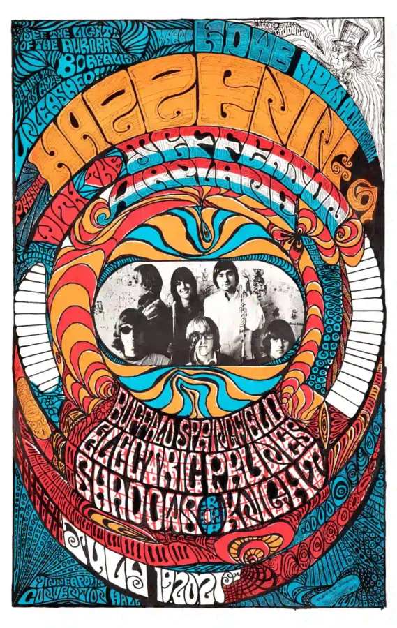 Jefferson Airplane, Buffalo Springfield 1967 Minneapolis, MN Concert Poster featuring white, red, and gray vertical artwork.