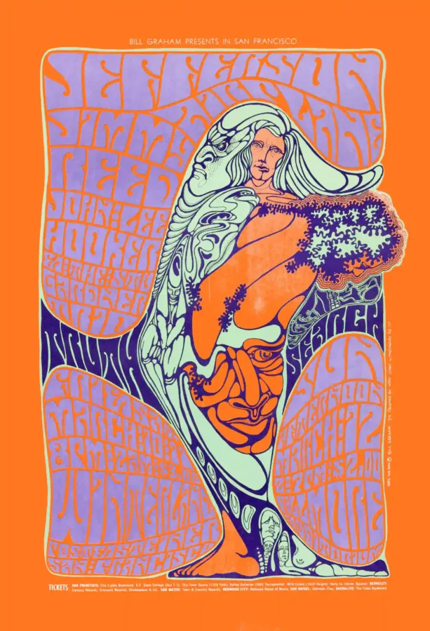 Jefferson Airplane, Jimmy Reed 1967 San Francisco Poster featuring orange, magenta, and white vertical artwork.