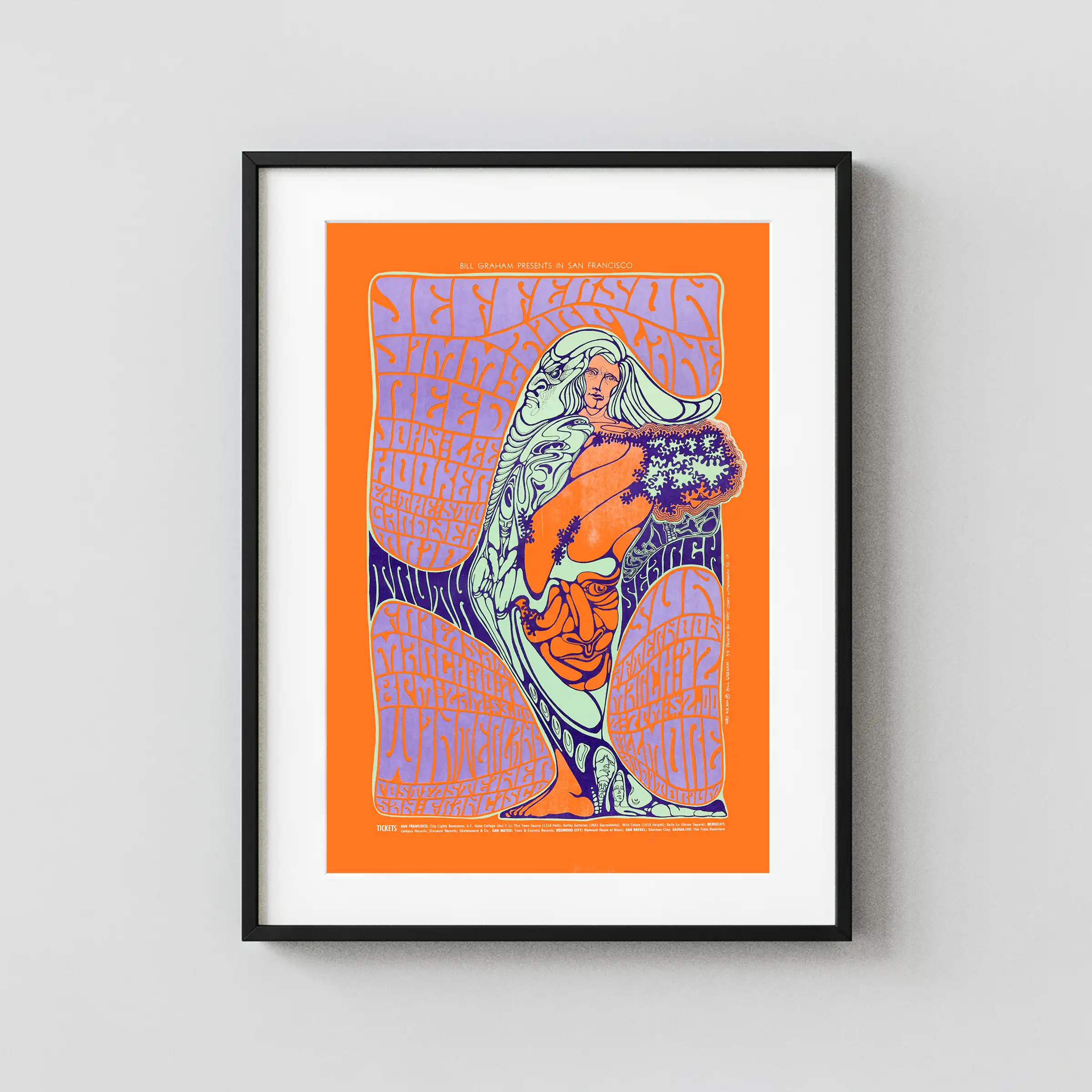 Jefferson Airplane, Jimmy Reed 1967 San Francisco Poster featuring orange, magenta, and white vertical artwork.