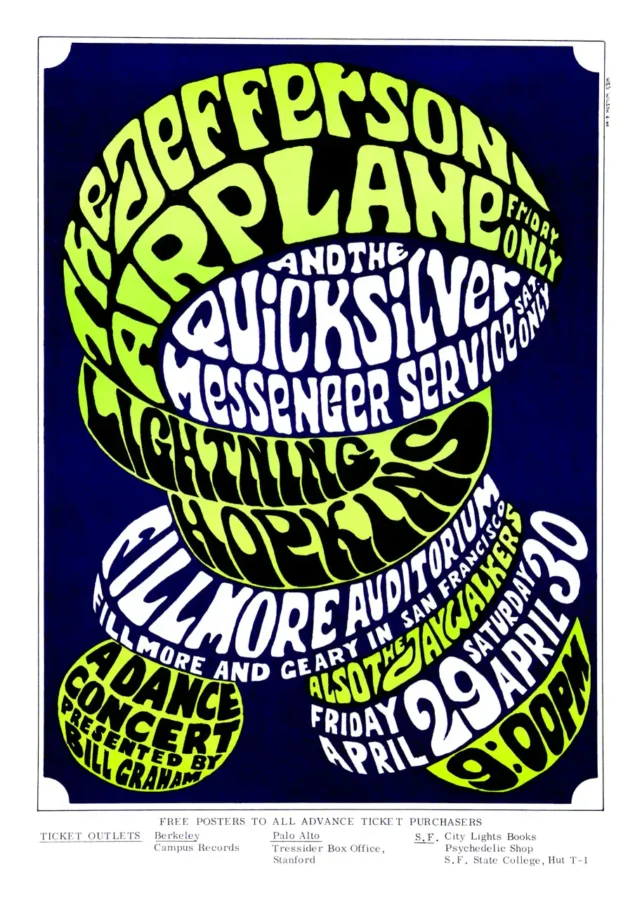 Jefferson Airplane, Quicksilver 1966 Fillmore Poster featuring white, navy, and blue vertical artwork.