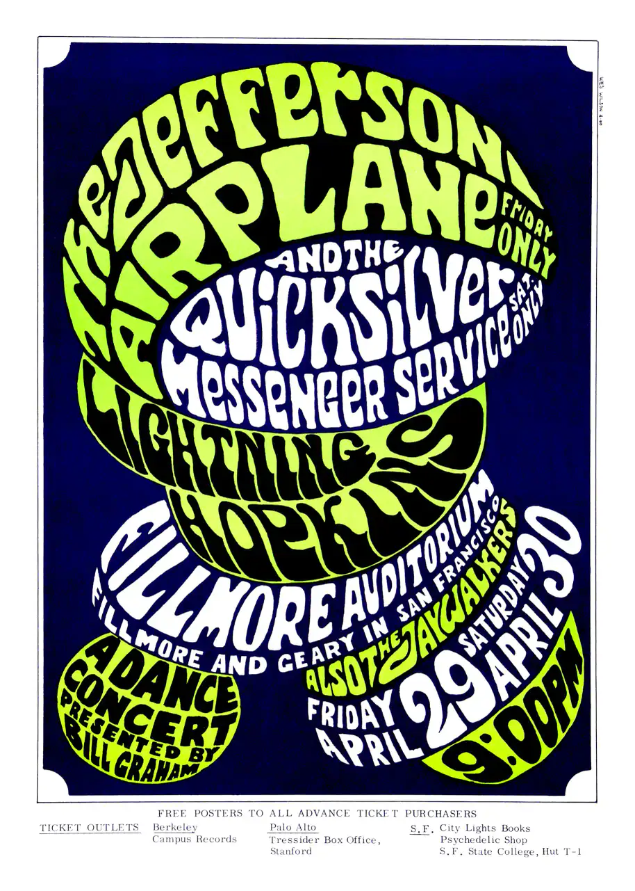 Jefferson Airplane, Quicksilver 1966 Fillmore Poster featuring white, navy, and blue vertical artwork.