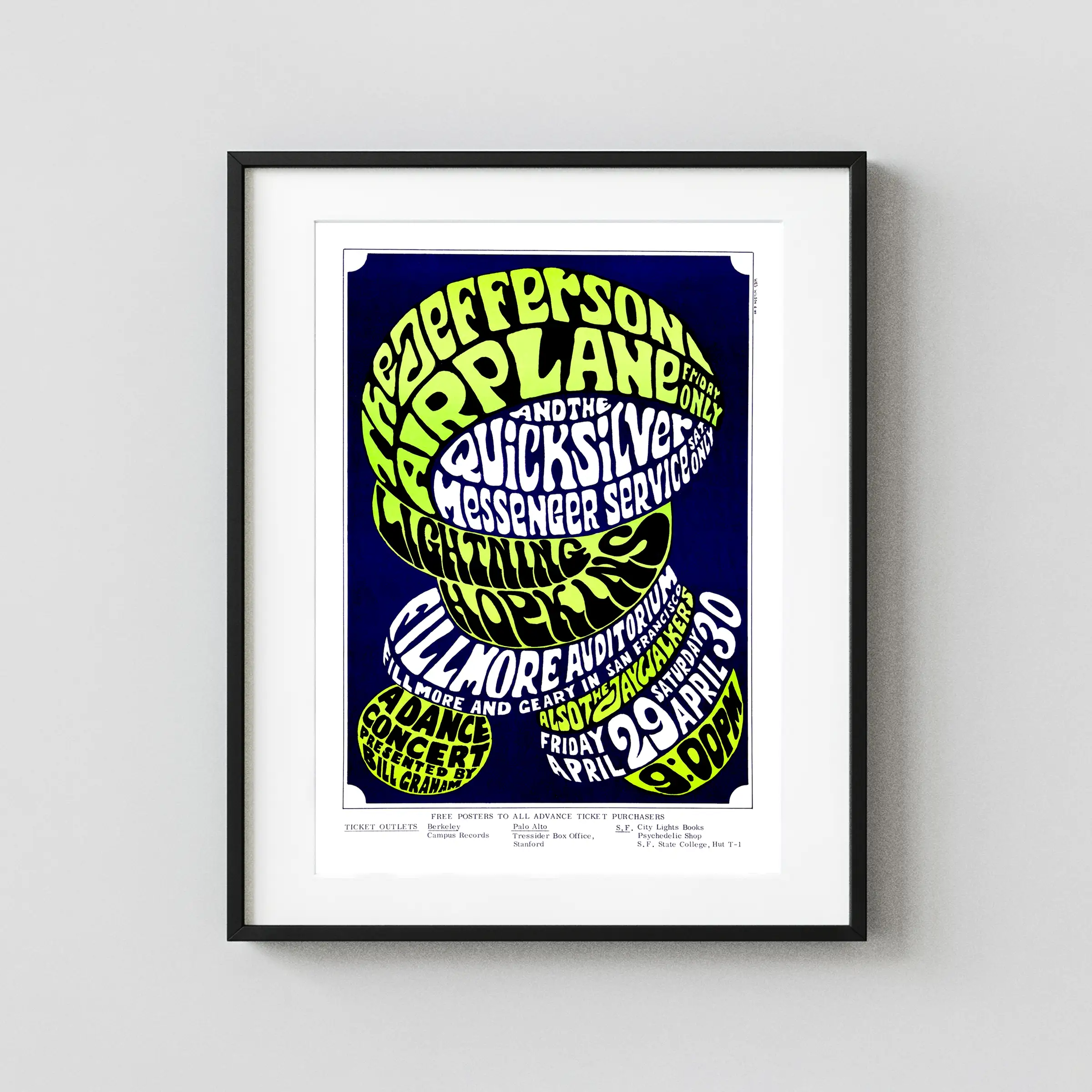 Jefferson Airplane, Quicksilver 1966 Fillmore Poster featuring white, navy, and blue vertical artwork.