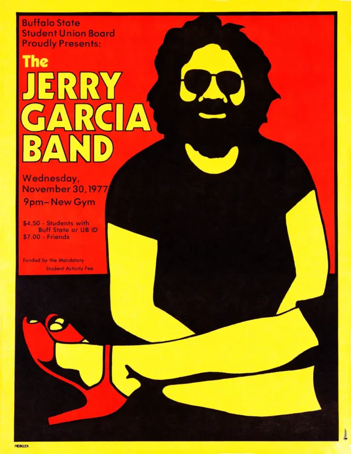Jerry Garcia Band 1977 Buffalo, NY College-Campus Concert Poster featuring black, yellow, and red vertical artwork.