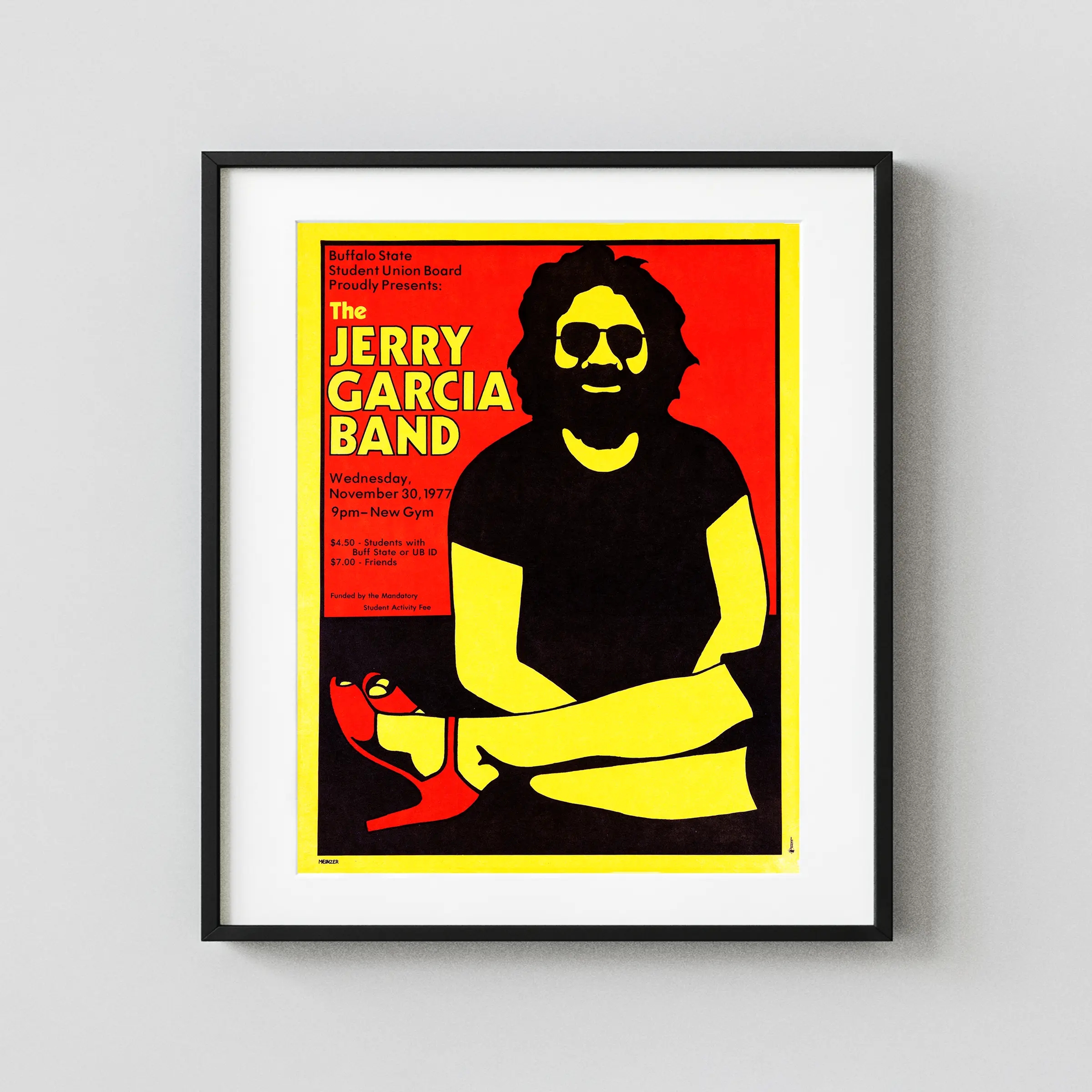 Jerry Garcia Band 1977 Buffalo, NY College-Campus Concert Poster featuring black, yellow, and red vertical artwork.