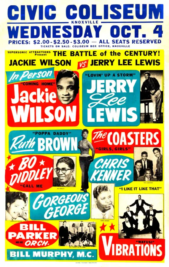 Jerry Lee Lewis, Jackie Wilson poster with white, blue, and yellow artwork and period lettering.
