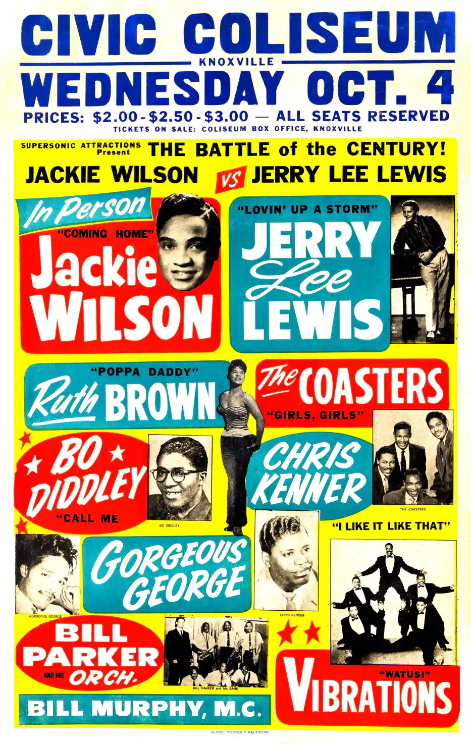 Jerry Lee Lewis, Jackie Wilson poster with white, blue, and yellow artwork and period lettering.