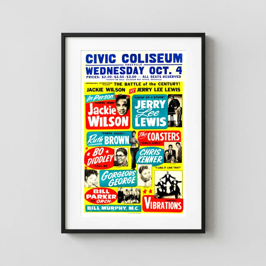 Jerry Lee Lewis, Jackie Wilson poster with white, blue, and yellow artwork and period lettering.