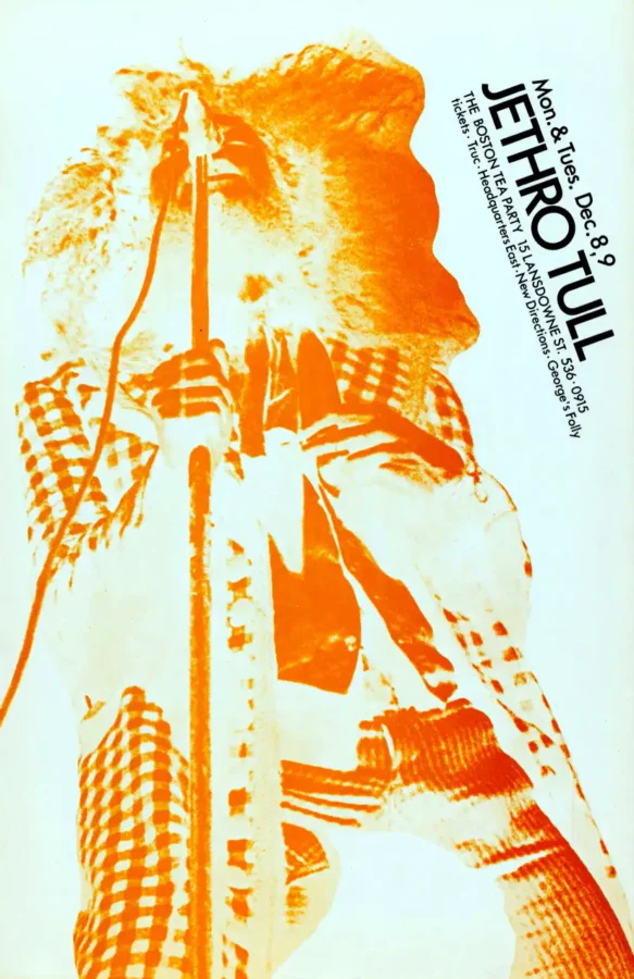 Jethro Tull 1969 Boston Tea Party Concert Poster featuring teal, cream, and orange vertical artwork.