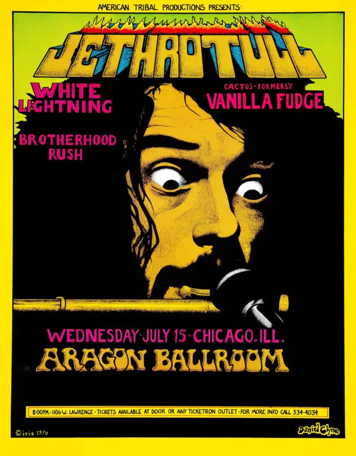 Jethro Tull 1970 Aragon Ballroom, Chicago Colorful Concert Poster featuring black, white, and yellow vertical artwork.