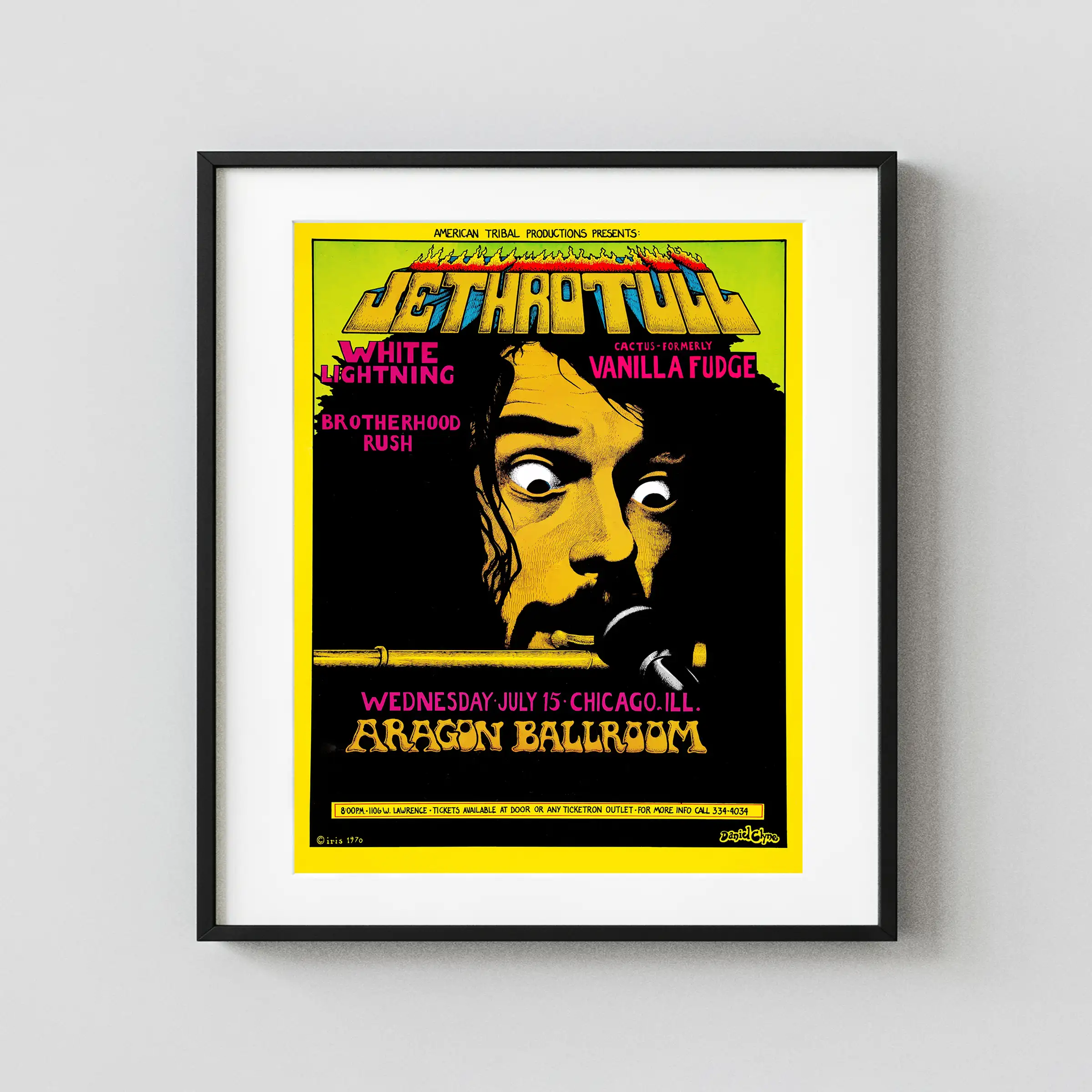 Jethro Tull 1970 Aragon Ballroom, Chicago Colorful Concert Poster featuring black, white, and yellow vertical artwork.