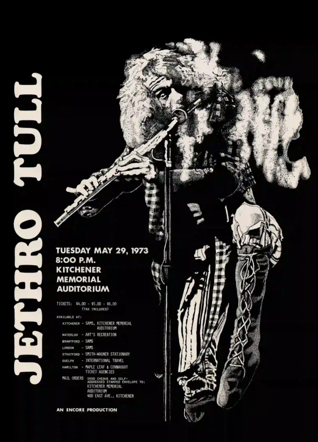 Jethro Tull 1973 Ontario, Canada Concert Poster featuring black, charcoal, and gray vertical artwork.