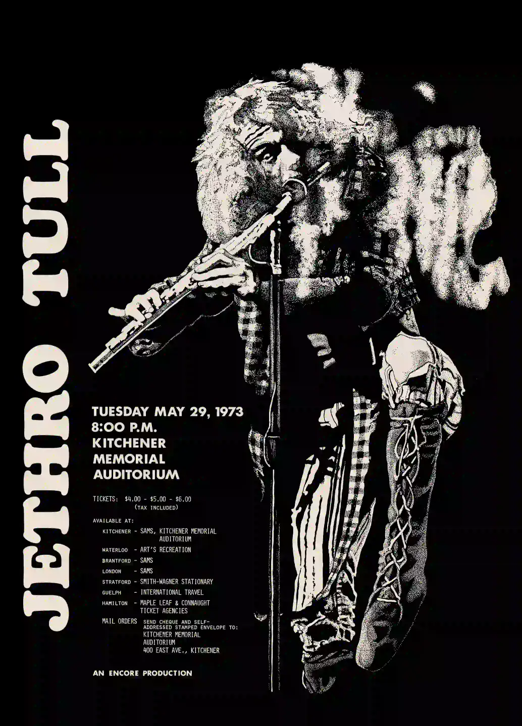 Jethro Tull 1973 Ontario, Canada Concert Poster featuring black, charcoal, and gray vertical artwork.