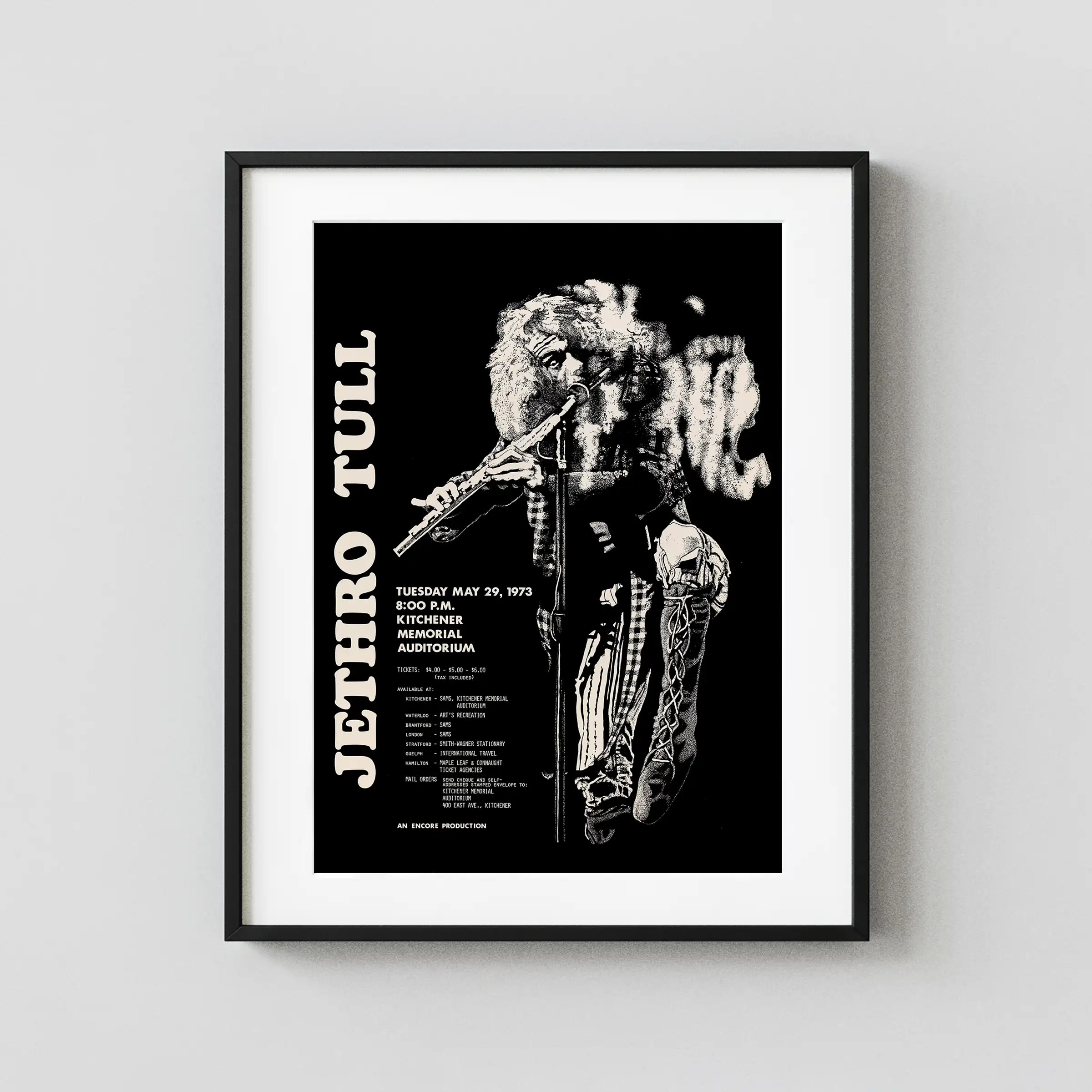Jethro Tull 1973 Ontario, Canada Concert Poster featuring black, charcoal, and gray vertical artwork.