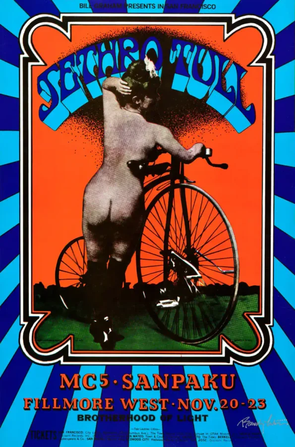 Jethro Tull, MC5 1969 Fillmore West Concert Poster featuring orange, navy, and black vertical artwork.