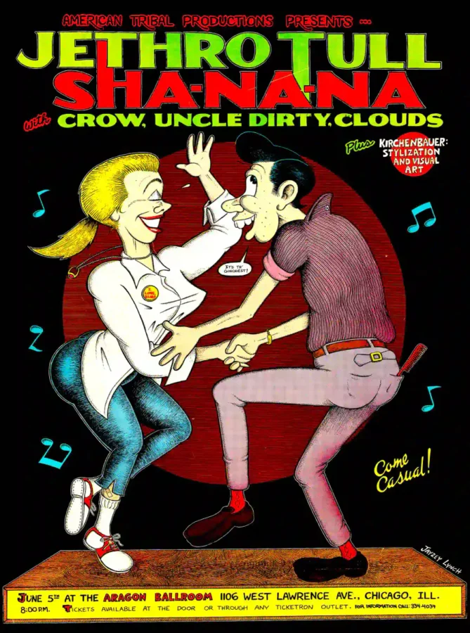 Jethro Tull, Sha-Na-Na poster with black, white, and burgundy artwork and period lettering.