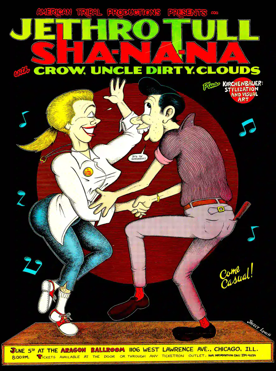 Jethro Tull, Sha-Na-Na poster with black, white, and burgundy artwork and period lettering.