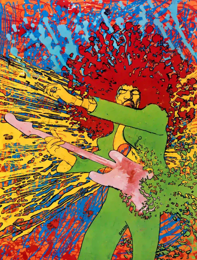 Jimi Hendrix 1960's Martin Sharp "Explosion" Head Shop Poster featuring green, white, and red vertical artwork.