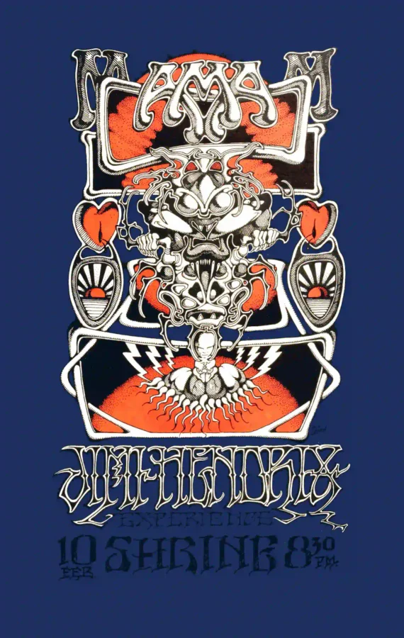 Jimi Hendrix 1968 Shrine L.A. Concert Poster featuring navy, slate gray, and gray vertical artwork.