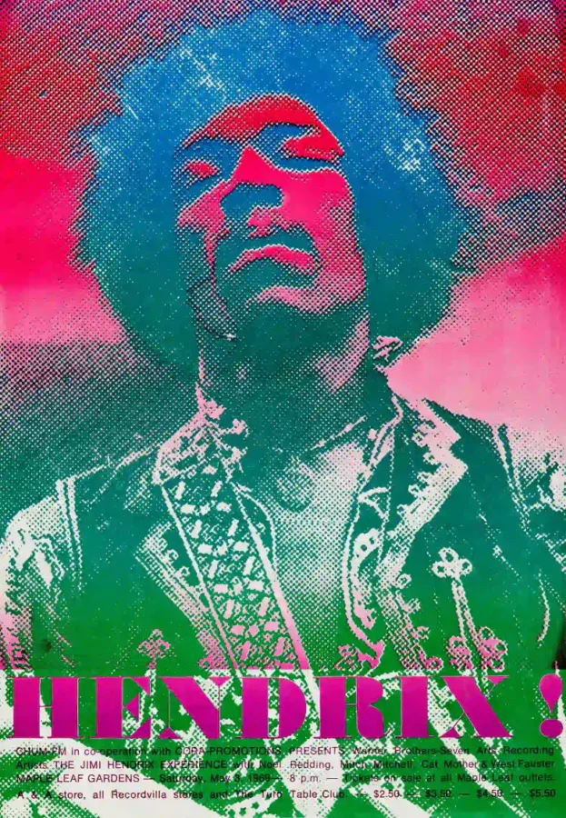 Jimi Hendrix 1969 Toronto, Canada, Drug-Bust Concert Poster featuring teal, white, and magenta vertical artwork.