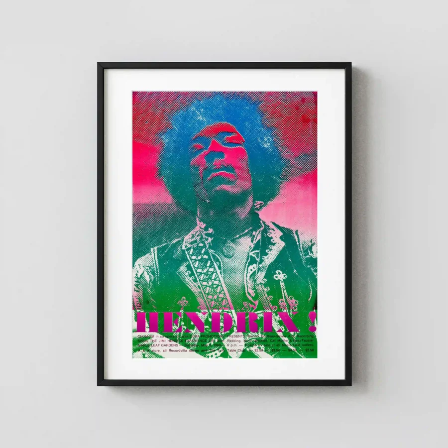 Jimi Hendrix 1969 Toronto, Canada, Drug-Bust Concert Poster featuring teal, white, and magenta vertical artwork.