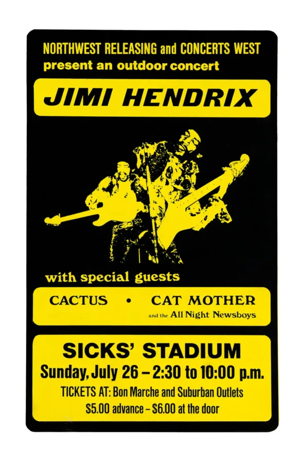 Jimi Hendrix 1970 Seattle, WA Concert Poster featuring white, black, and yellow vertical artwork.