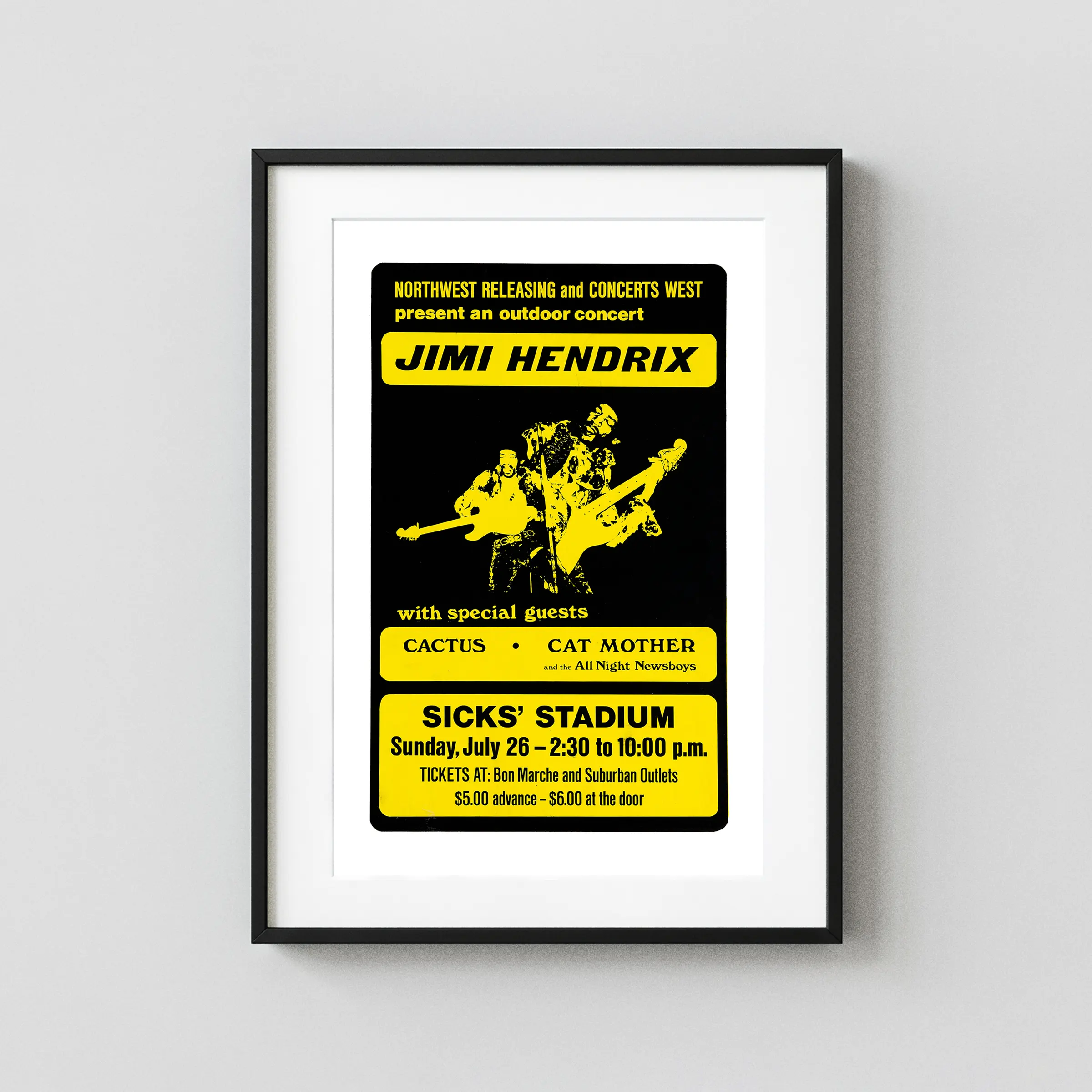 Jimi Hendrix 1970 Seattle, WA Concert Poster featuring white, black, and yellow vertical artwork.