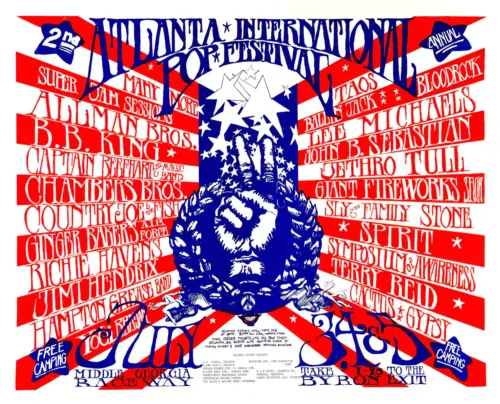 Jimi Hendrix, Allman Bros. (with Duane) 1970 Atlanta Pop Festival Concert Poster