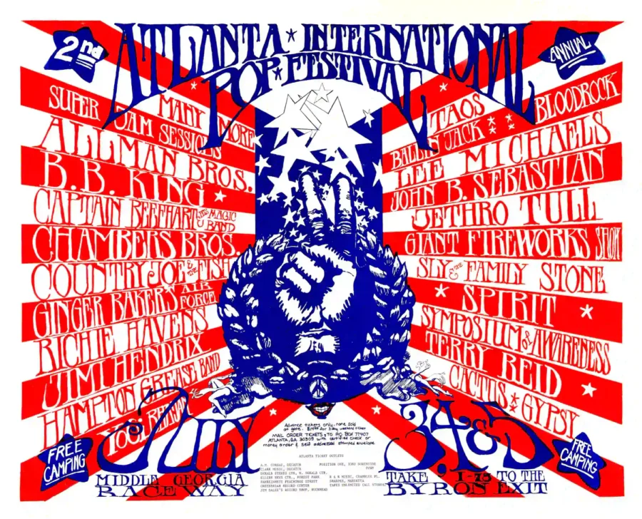 Jimi Hendrix, Allman Bros. poster with white, red, and rose artwork and period lettering.