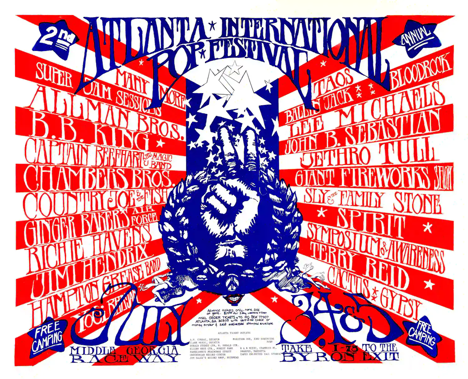Jimi Hendrix, Allman Bros. poster with white, red, and rose artwork and period lettering.