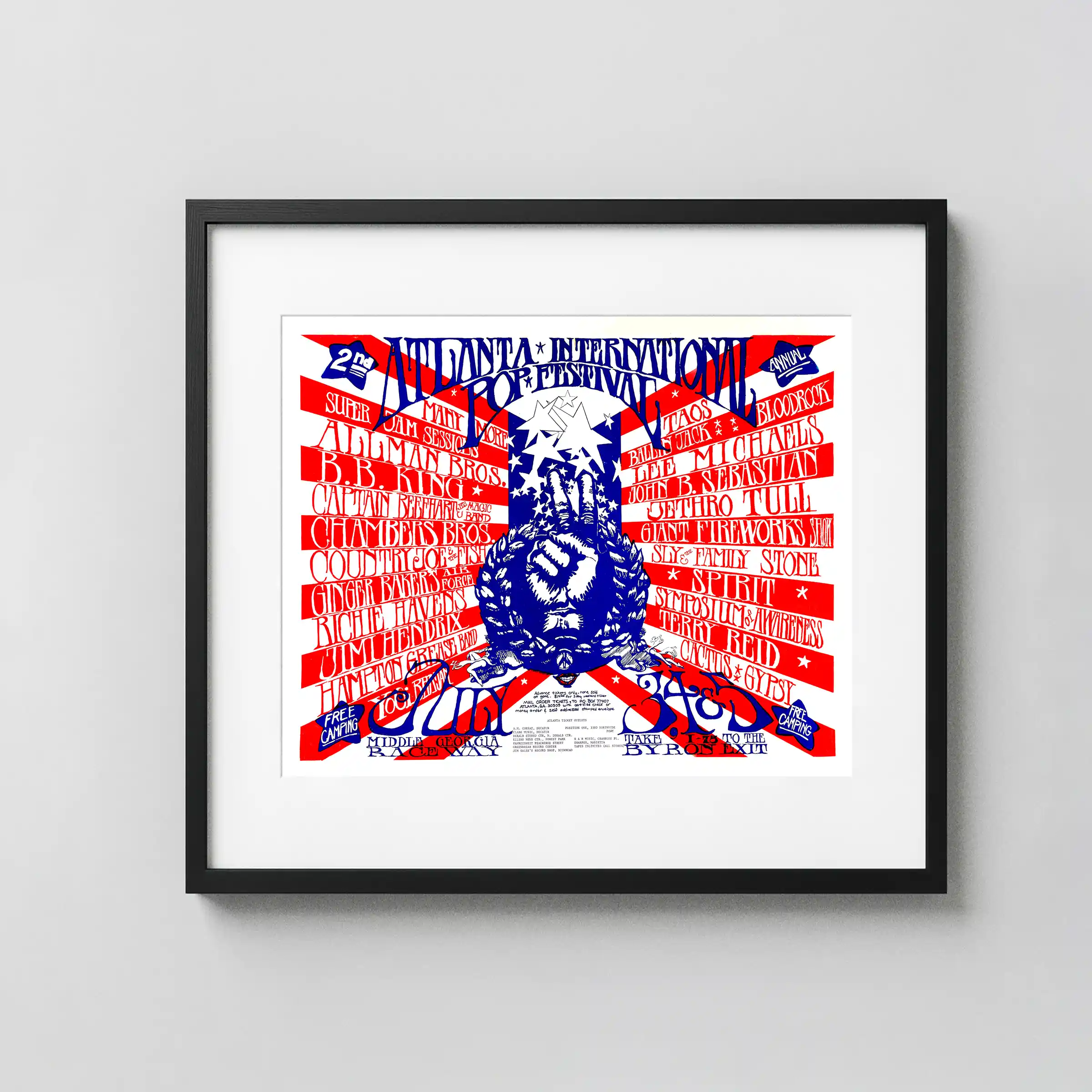 Jimi Hendrix, Allman Bros. poster with white, red, and rose artwork and period lettering.
