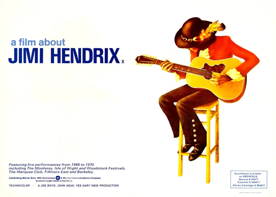 Jimi Hendrix (Columbia-Warner, 1973) Music Poster featuring white, light gray, and black vertical artwork.
