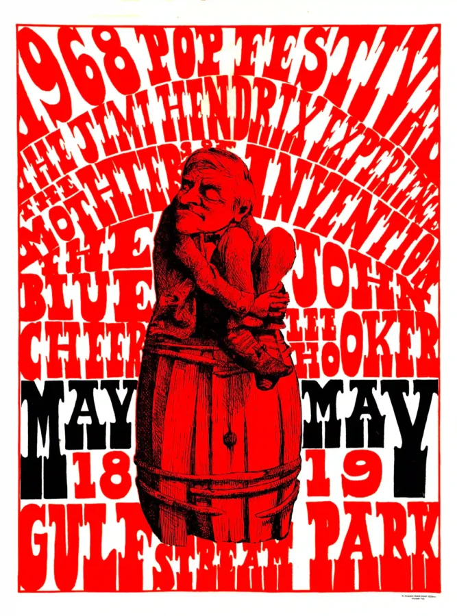 Jimi Hendrix Experience 1968 "Red Man on a Barrel" Day-Glo Concert Poster featuring white, red, and rose vertical artwork.
