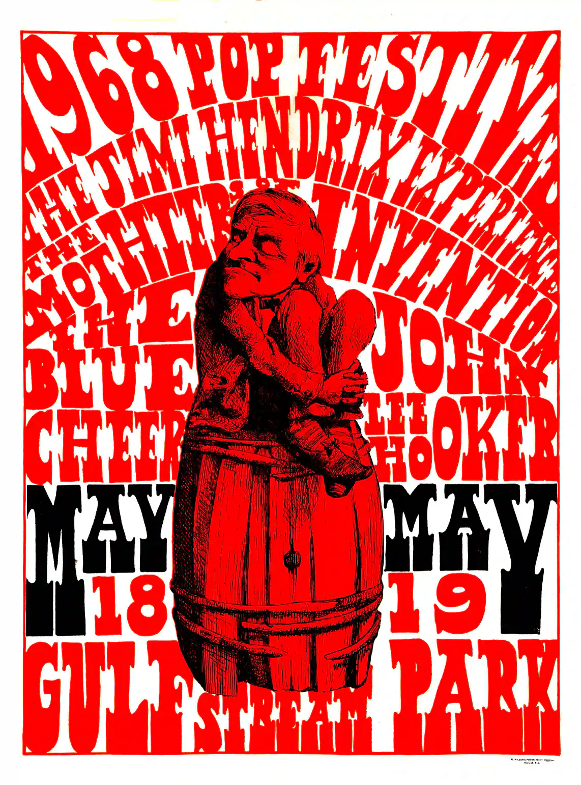 Jimi Hendrix Experience 1968 "Red Man on a Barrel" Day-Glo Concert Poster featuring white, red, and rose vertical artwork.