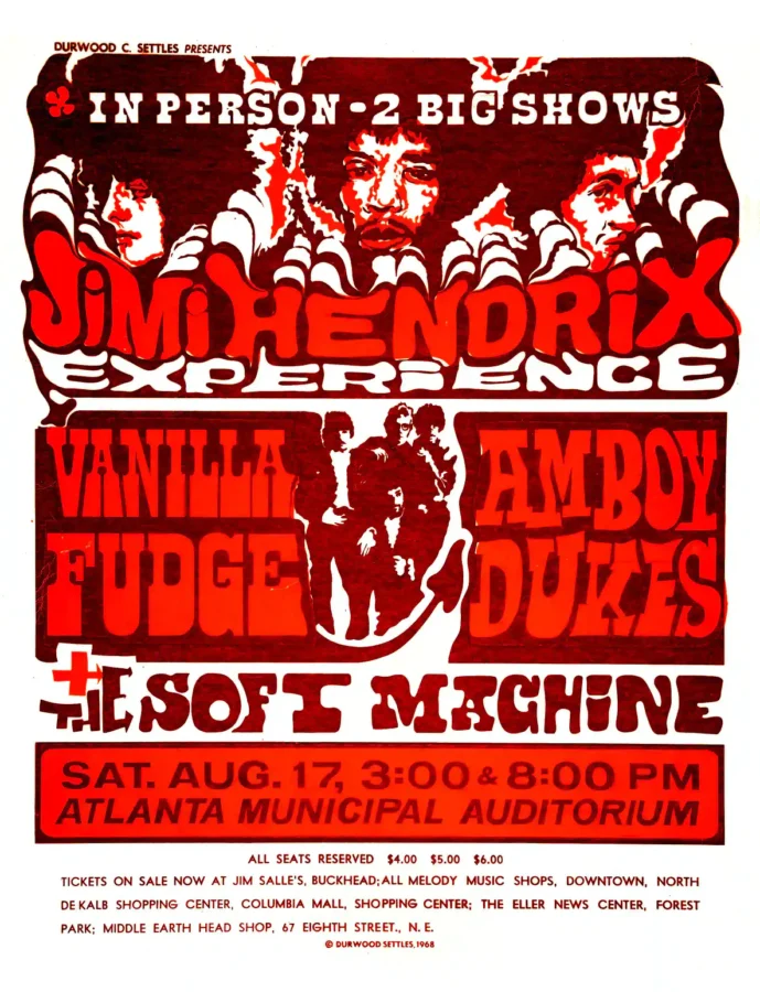 Jimi Hendrix Experience 1968 Atlanta, Georgia Day-Glo Concert Poster featuring white, red, and rose vertical artwork.