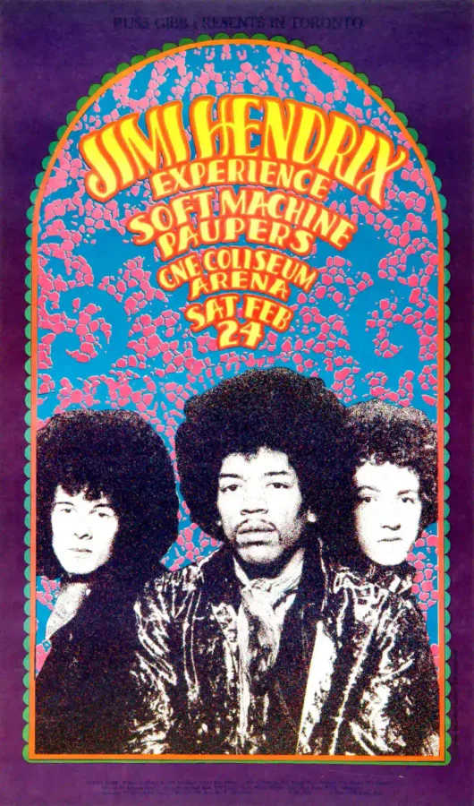 Jimi Hendrix Experience poster with charcoal, magenta, and white artwork and period lettering.