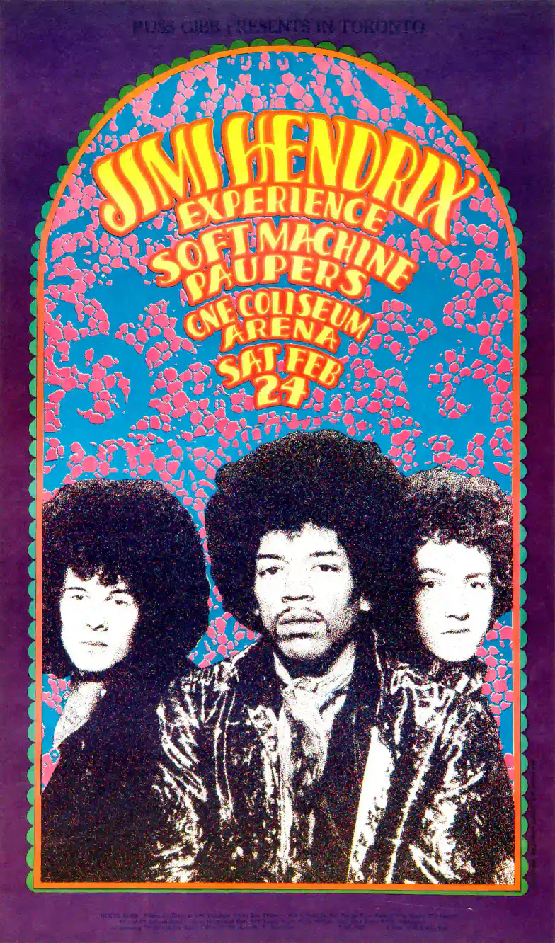 Jimi Hendrix Experience poster with charcoal, magenta, and white artwork and period lettering.