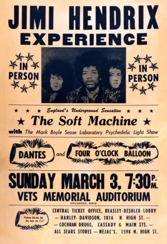 Jimi Hendrix Experience 1968 Columbus, OH "Firecracker" Concert Poster