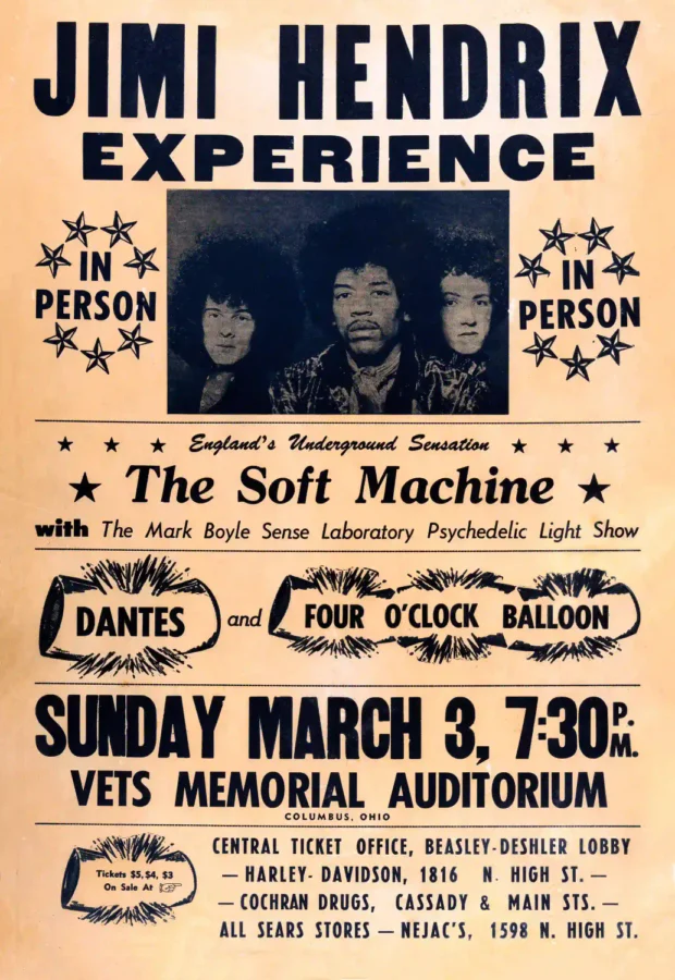 Jimi Hendrix Experience poster with orange, white, and charcoal artwork and period lettering.