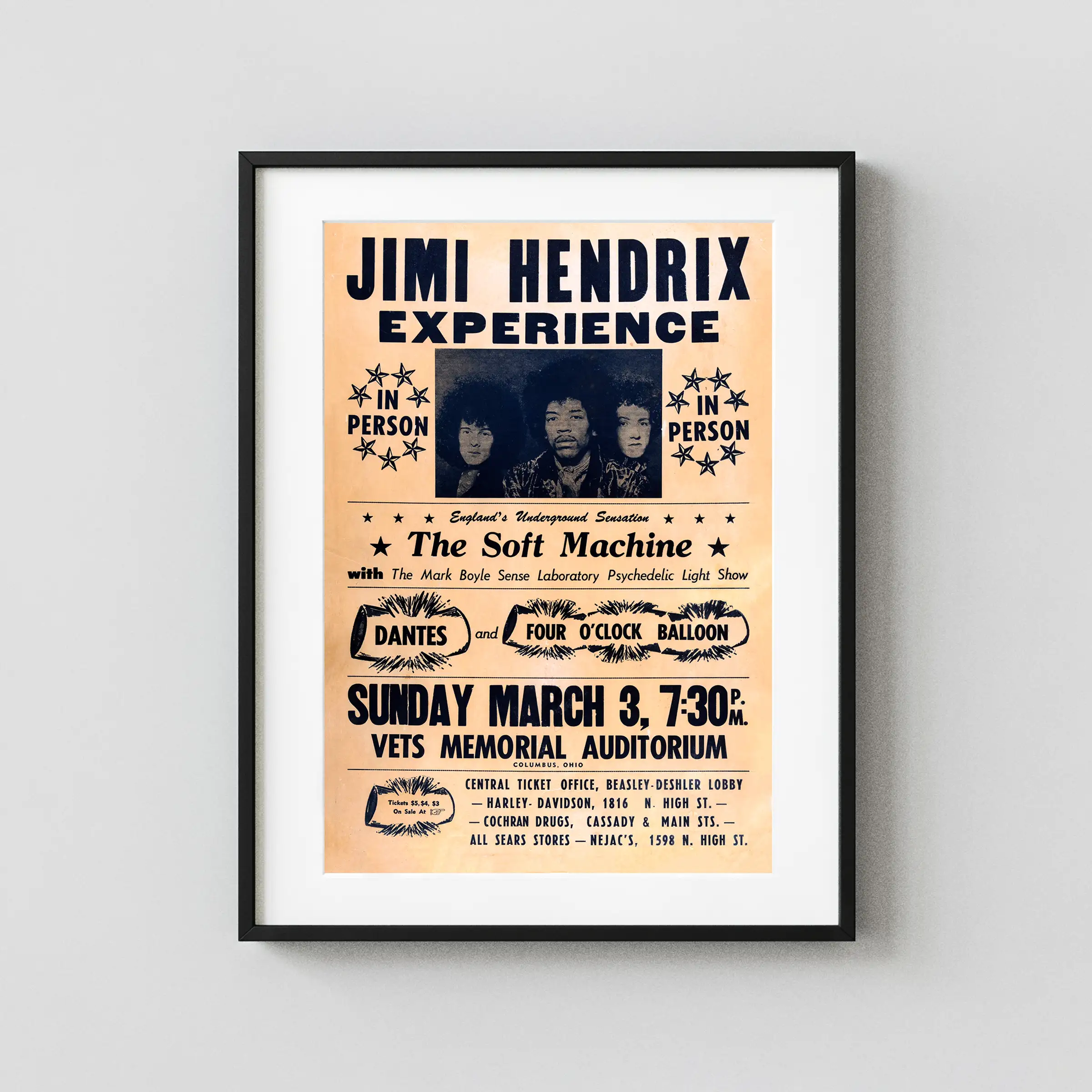 Jimi Hendrix Experience poster with orange, white, and charcoal artwork and period lettering.