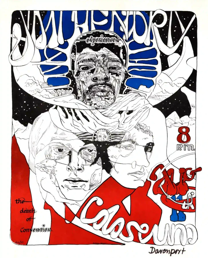 Jimi Hendrix Experience poster with white, light gray, and gray artwork and period lettering.