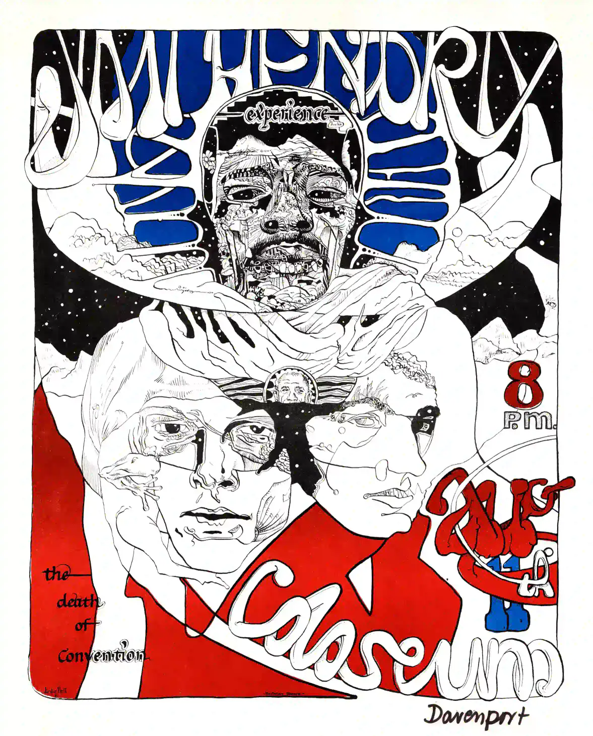 Jimi Hendrix Experience poster with white, light gray, and gray artwork and period lettering.