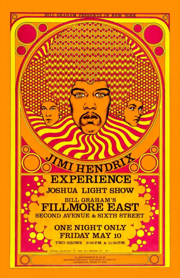 Jimi Hendrix Experience 1968 Fillmore East Concert Poster featuring orange, yellow, and white vertical artwork.