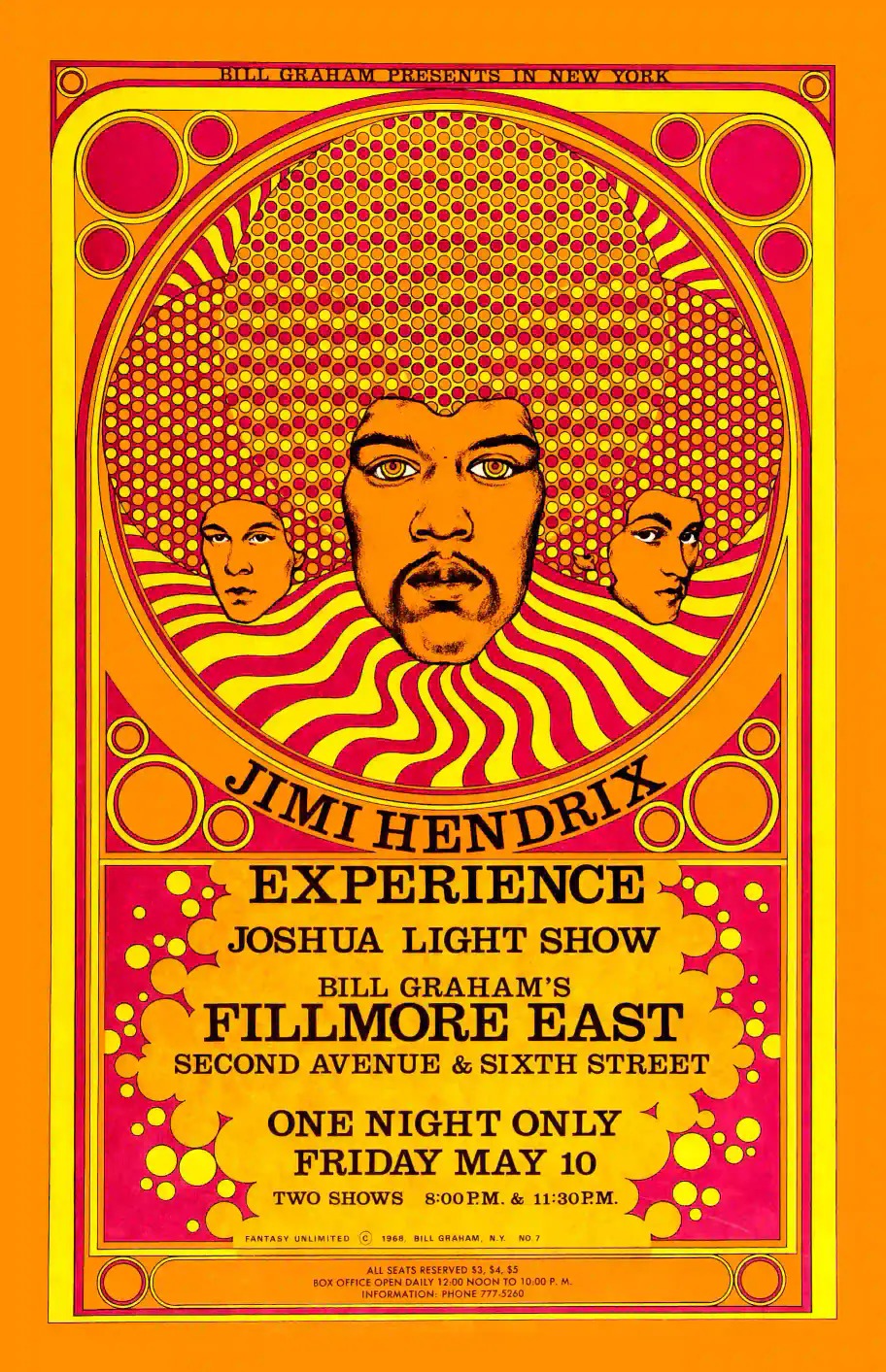Jimi Hendrix Experience 1968 Fillmore East Concert Poster featuring orange, yellow, and white vertical artwork.