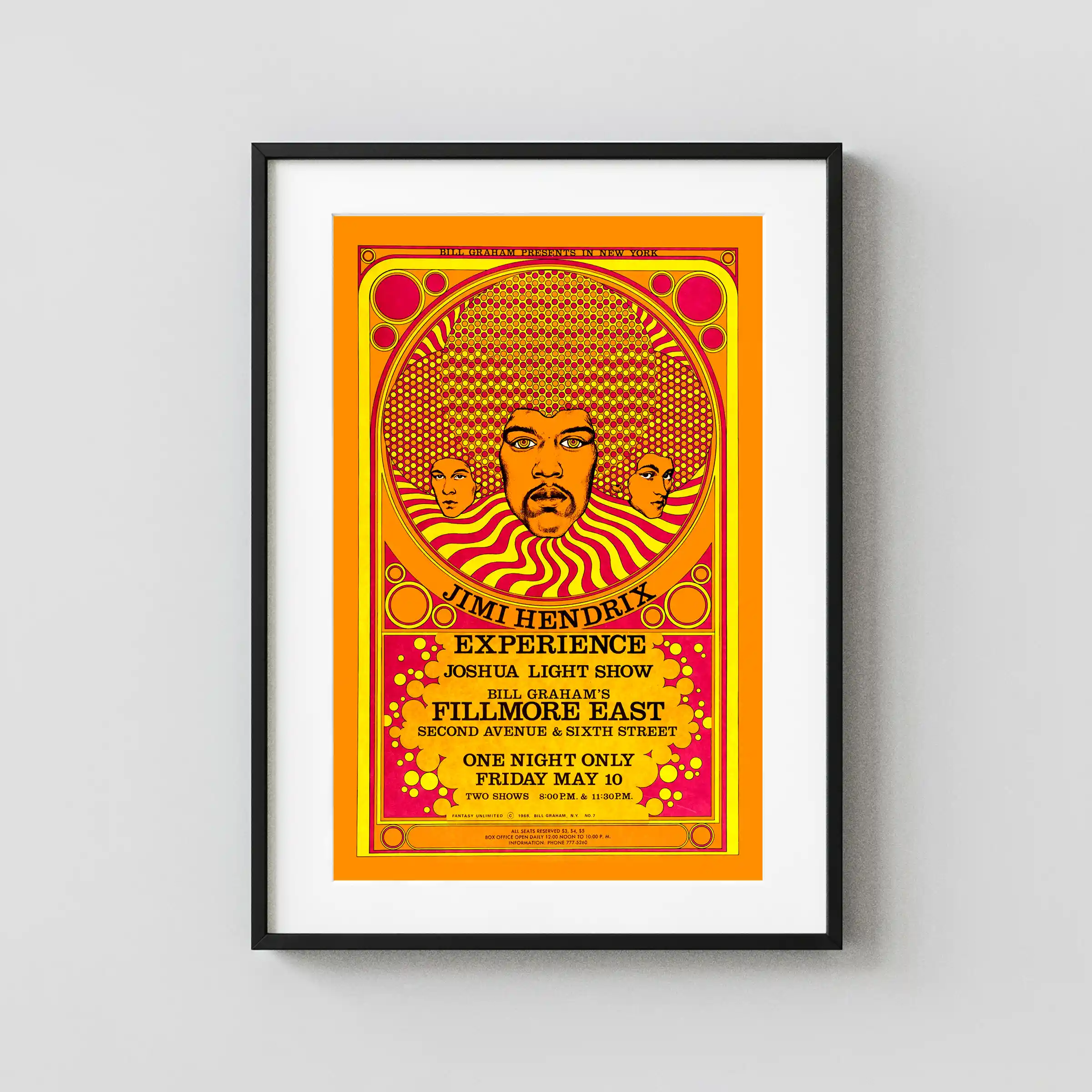 Jimi Hendrix Experience 1968 Fillmore East Concert Poster featuring orange, yellow, and white vertical artwork.