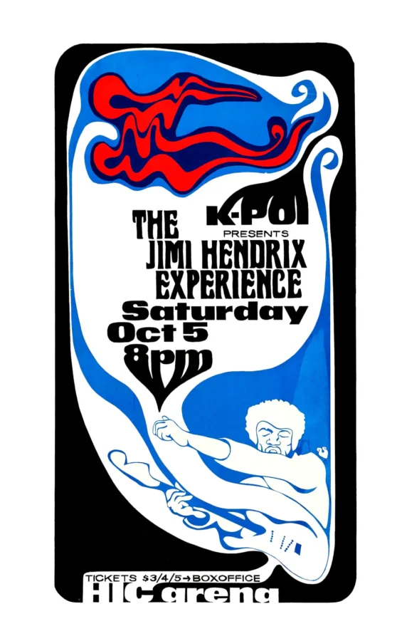 Jimi Hendrix Experience 1968 Honolulu, HI Concert Poster featuring white, black, and gray vertical artwork.
